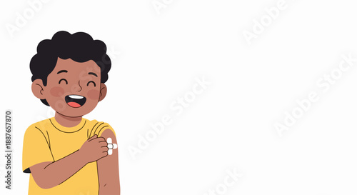 Smiling boy vaccination on arm after getting shot. Happy child showing small bandage on upper arm, feeling relieved following boy vaccination procedure. Concept boy vaccination for health campaigns,