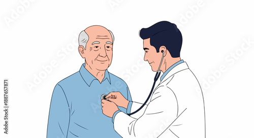 Doctor performing medical examination on senior man, listening to chest with stethoscope. Medical examination involves thorough health check, patient care, and preventive medicine for elder adults.