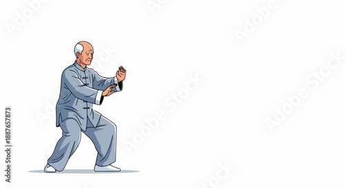Elderly man performing Tai Chi training in traditional grey uniform, demonstrating focused movements, calm posture. Senior adult practicing gentle Tai Chi training, emphasizing balance, flexibility.