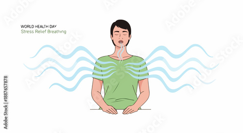 Man practicing stress relief breathing for mental wellness. Person performs deep relaxation technique, eyes closed, illustrating calm and serenity, World Health Day concept.