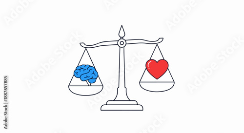 Mind heart balance concept with blue brain and red heart on classic scales of justice. Balance scale represents harmony between logical thought and emotional feeling,