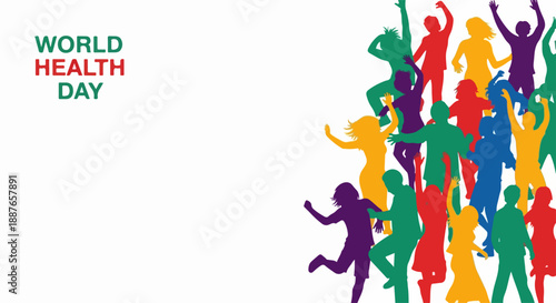 Colorful silhouettes celebrating World Health Day, diverse people group promoting health and wellness. World Health Day festivities symbolize unity for global health awareness.