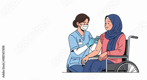 Medical professional giving vaccine injection to woman with disability seated in wheelchair. Healthcare worker administering vaccine injection for patient protection and public well-being.