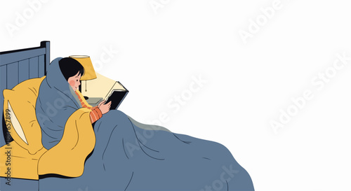 Cozy reading in bed under warm blankets, person enjoying tranquil moment with book. Bedroom lamp illuminates pages, creating peaceful atmosphere for cozy reading.