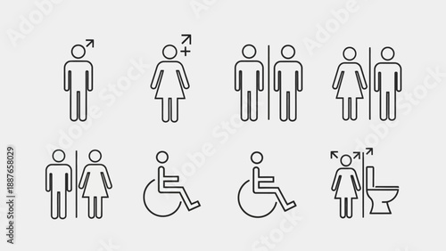 Collection of modern restroom signs and symbols for accessibility and gender neutrality.