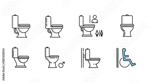 Collection of Toilet Icons and Symbols for Bathroom Design.