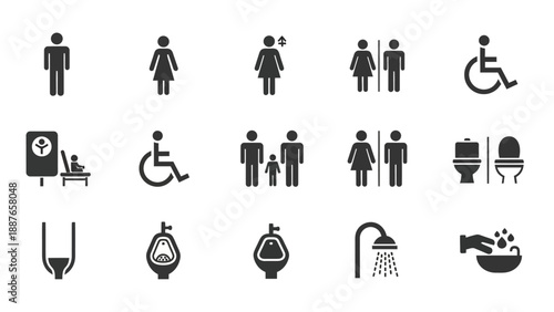 Collection of restroom and bathroom icons and symbols.