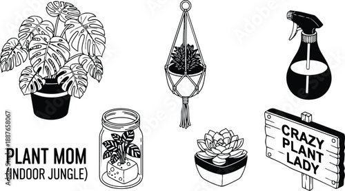 Line art botanical icon minimal set with monstera potted plant hanging macrame planter succulent in jar spray bottle wooden sign with plant mom crazy plant lady