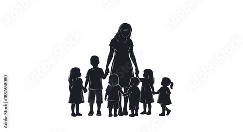 Mother Silhouette With Children Holding Hands.