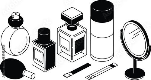 Isometric line art detailed top view of assorted perfume bottles and atomizer next to scent strips and vanity mirror on white background crisp minimal monochrome vector