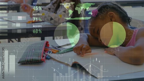 Animation of financial data processing over african american schoolgirl sleeping on desk