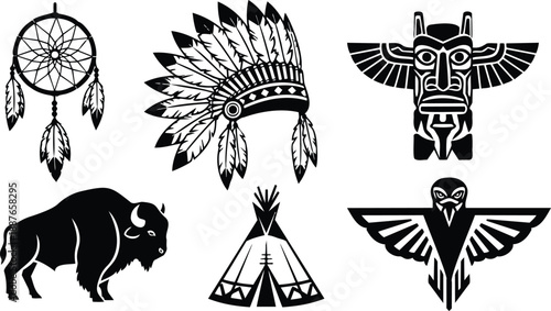 Tribal vector silhouettes close up native american symbols headdress dreamcatcher bison tipi totem and eagle emblem in black and white detailed feather texture geometric lines isolated