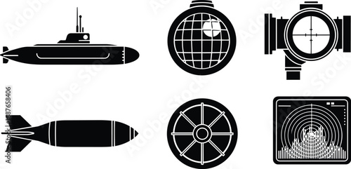 Flat design military weapons icon set showing submarine torpedo bomb periscope sonar radar wheel navigation display side view close up vector art isolated on white background