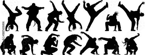 Breakdance silhouette vector set, hip hop dancers performing acrobatic moves, street culture b-boys, energetic action poses, dynamic dance illustration isolated on white background.