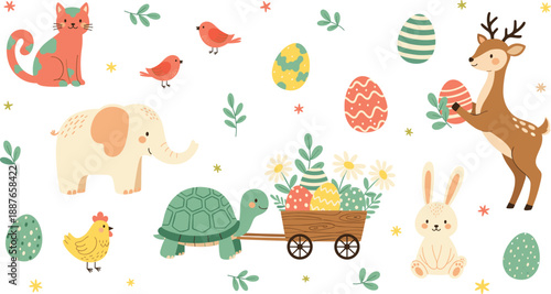 Cute spring animals and Easter elements vector set. Adorable forest animals, birds, eggs, and flowers. Kawaii illustration for kids, nursery, and seasonal designs.