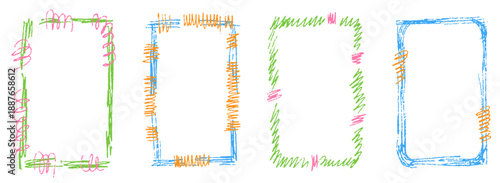 Colorful crayon frame boxes with childlike texture. Perfect for kindergarten worksheets, posters and playful backgrounds.