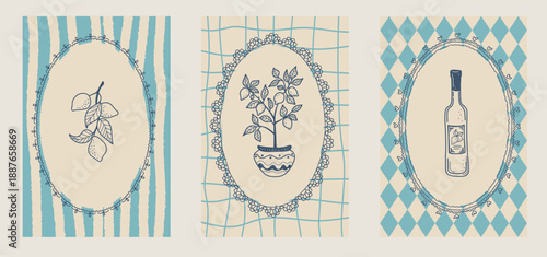 Whimsical lace border illustration for Italian seafood menu. Amalfi Coast summer vibe, beach picnic style frame for food poster, kitchen print and illustration art.