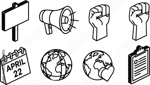 Line art isometric protest icons set including megaphone raised fist protest sign april twenty second calendar earth globe with heart clipboard black outline minimalist vector simple bold