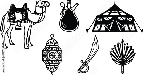 Line art arabian desert icon set with camel side view tent scimitar lantern waterskin palm fan decorated saddle simple black and white flat vector low angle