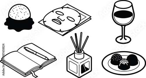 Line art flat icons close up spa set face sheet mask diffuser wine glass chocolates macaron scented sticks open notebook pen top view clean minimalist wellness