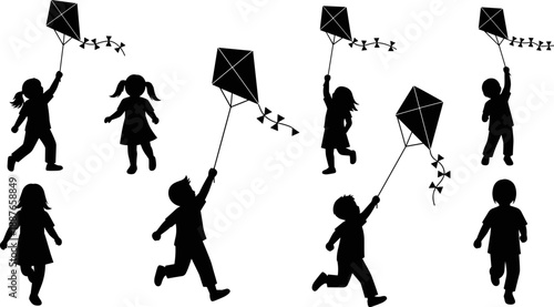 Children flying kites silhouette vector set, happy kids running with kite strings, summer outdoor playing activity, boys and girls having fun isolated on white.
