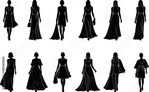 Fashion models silhouette vector set, elegant women wearing long evening dresses, female mannequins posing in stylish gowns, clothing collection illustration isolated on white background.