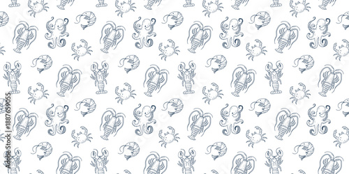 Vintage inspired seamless pattern with pizza, wine, sardines, tomatoes and Italian food icons in a playful doodle style.