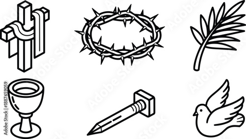 Line art icon set showing cross crown thorns palm branch chalice nail and dove arranged in grid for easter religious symbol collection simple monochrome icons