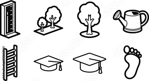 Line art isometric vector icon set measuring ruler trees watering can ladder graduation cap and footprint arranged on white background simple outline design clean minimal scalable