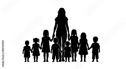 Silhouette of a Woman Standing with a Group of Children.