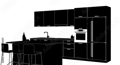 Modern Kitchen Design Silhouette with Island and Appliances.