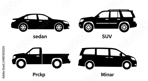 Four Types of Cars Sedan SUV Pickup Minivan Silhouettes.