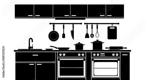 Modern Kitchen Interior Design Silhouette with Appliances and Utensils.