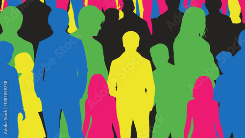 Diverse Crowd Silhouette People Colorful Background.