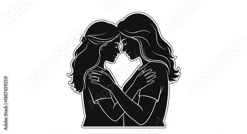 Two women embracing in silhouette with heads touching.