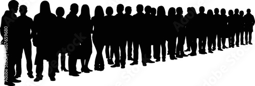 Large group of people standing in long line silhouette, crowd waiting in queue, diverse men and women figures, perspective view vector illustration on white.