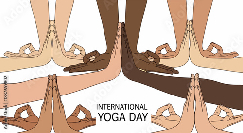 Diverse hands in mudra pose celebrate International Yoga Day, symbolizing unity and mindfulness. Hands of different skin tones highlight global participation in International Yoga Day practices.