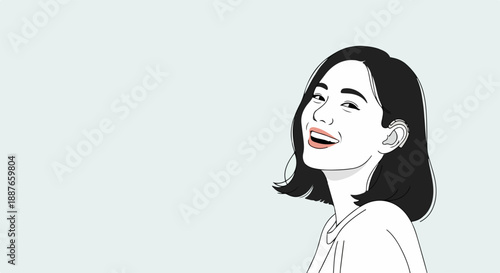 Minimalist illustration of happy young woman with short dark hair, smiling cheerfully, looking up. Modern art portrays happy young woman with joyful expression, positive emotion.