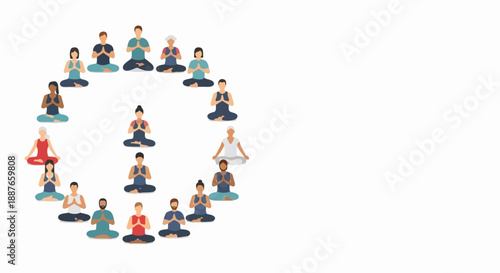 Diverse group forms meditation circle, individuals in lotus position with prayer hands. People engage in tranquil meditation circle, focusing on mindfulness, mental wellness, spiritual balance.