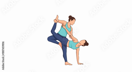 Two women demonstrating acro yoga pose, balancing together in dynamic, flexible partnership. Acro yoga requires strength and teamwork, one person supporting another in intricate acrobatic display.