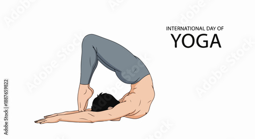 Person performing yoga pose celebrating International Yoga Day with simple text message. Man in asana showing flexibility and strength for International Yoga Day awareness campaign.