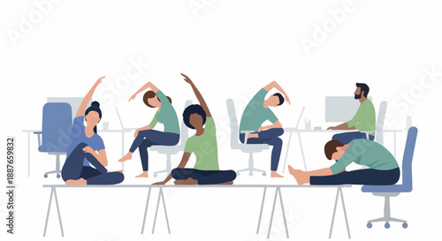 Office yoga session with diverse employees stretching at desks for well-being. Employees practice office yoga for health benefits, promoting wellness in corporate environment.