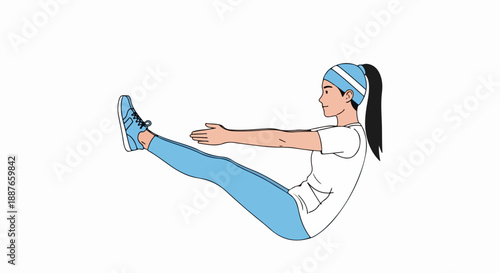 Woman performing V sit exercise for building core strength and achieving abdominal workout goals. Illustration depicts person practicing V sit exercise on floor, engaging strong abs.
