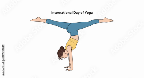 Woman performs challenging yoga pose, handstand split. Illustration shows female in difficult yoga pose, celebrating International Day of Yoga. Dynamic yoga pose for fitness, wellness,