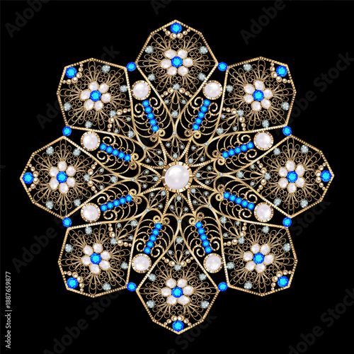 Illustration of a gold jewelry brooch with filigree and precious stones.