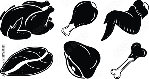 Flat design close up of assorted chicken parts including whole bird drumstick wing breast thigh and bone arranged on white background bold minimalist composition studio view