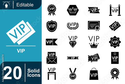 Collection of 20 VIP icons in solid style, suitable for business, membership, and exclusive access graphics