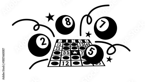 bingo card bingo celebration with balls and numbers, black isolated silhouette