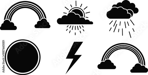 Minimalist flat weather icon set with six black silhouette symbols showing rainbow cloud sun rain storm bolt and circle badge in row simple clean vector layout