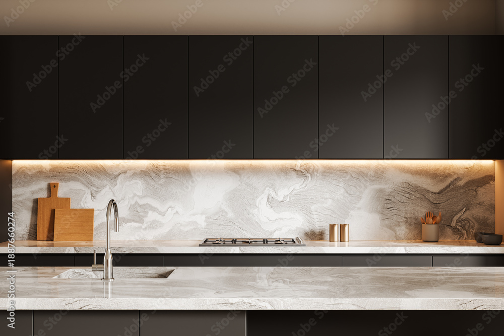 Naklejka premium Modern kitchen interior with minimalist matte cabinets and marble texture backsplash design under warm lighting on sleek countertop. 3D Rendering. 3D Rendering